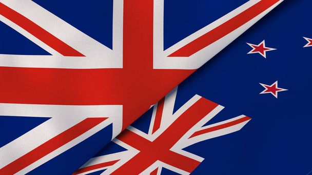 Twee staten vlaggen van het Verenigd Koninkrijk en Nieuw-Zeeland. Hoge kwaliteit zakelijke achtergrond. 3d illustratie - Foto, afbeelding