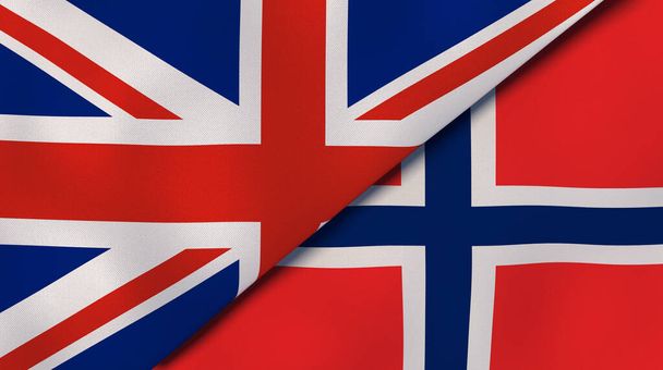 Twee staten vlaggen van het Verenigd Koninkrijk en Noorwegen. Hoge kwaliteit zakelijke achtergrond. 3d illustratie - Foto, afbeelding