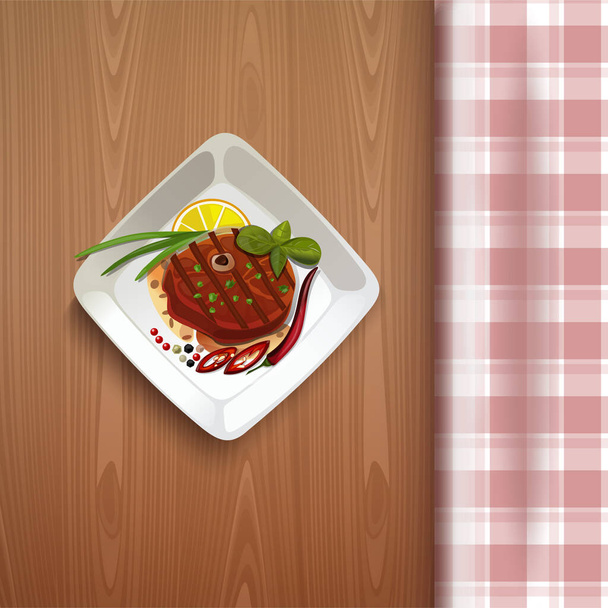 Filete de salmón plano y limón. Pescado rojo sobre una mesa de madera con un mantel a cuadros. Marisco orgánico fresco. Ilustración vectorial
 - Vector, imagen