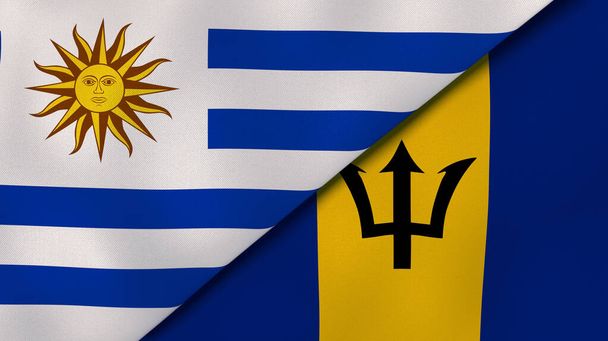 Two states flags of Uruguay and Barbados. High quality business background. 3d illustration - Photo, Image