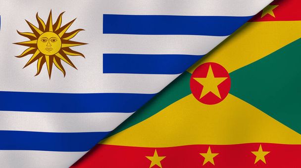 Два державні прапори Уругваю і Гренади. Високоякісне ділове минуле. 3d ілюстрація - Фото, зображення