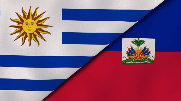 Два прапори держав: Уругвай і Гаїті. Високоякісне ділове минуле. 3d ілюстрація - Фото, зображення