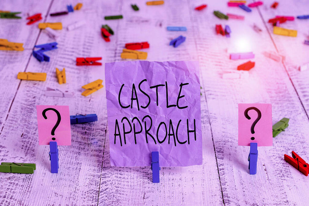 Word writing text Castle Approach. Business concept for Fortified place built by nobles Home for nobility or royalty Scribbled and crumbling sheet with paper clips placed on the wooden table. - Photo, Image