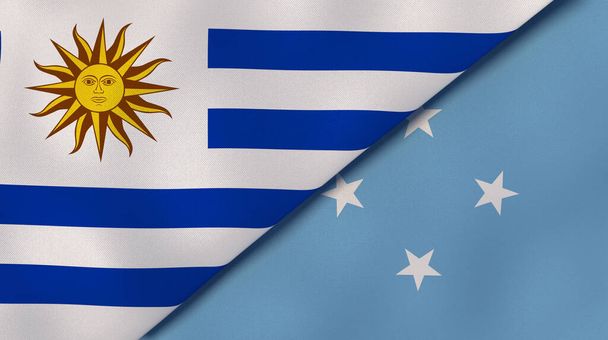 Dva státy vlajky Uruguaye a Mikronésie. Vysoce kvalitní obchodní zázemí. 3D ilustrace - Fotografie, Obrázek