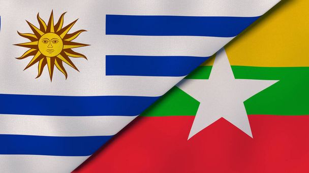 Два державні прапори Уругваю і М'янми. Високоякісне ділове минуле. 3d ілюстрація - Фото, зображення