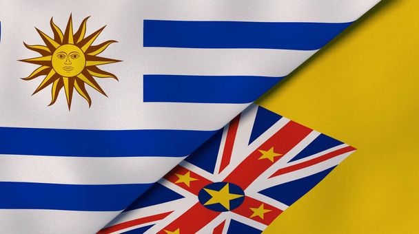 Dvě vlajky Uruguaye a Niue. Vysoce kvalitní obchodní zázemí. 3D ilustrace - Fotografie, Obrázek