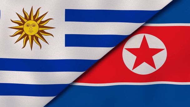 ウルグアイと北朝鮮の2つの州旗。高品質のビジネス背景。3Dイラスト - 写真・画像