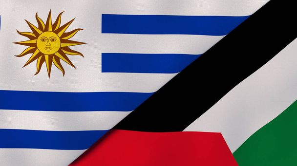 Dwa państwa bandery Urugwaju i Palestyny. Wysokiej jakości doświadczenie biznesowe. Ilustracja 3D - Zdjęcie, obraz