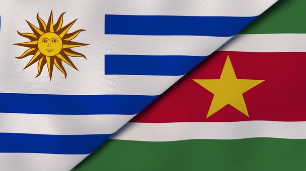 ウルグアイとスリナムの2つの州旗。高品質のビジネス背景。3Dイラスト - 写真・画像