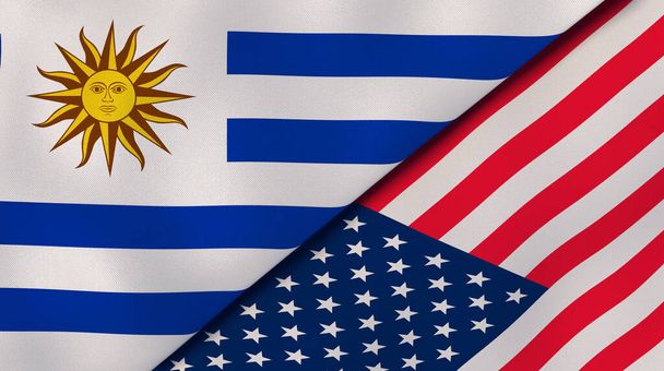 Dwie flagi stanowe Urugwaju i Stanów Zjednoczonych. Wysokiej jakości doświadczenie biznesowe. Ilustracja 3D - Zdjęcie, obraz