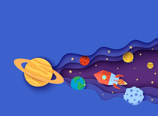 Space with red rocket and planets in paper cut style. Cut out 3d universe abstract background with planet Earth, Sun, Mercury, Saturn, Moon, Jupiter and spacecraft launch papercut art. Vector card - Vector, Image
