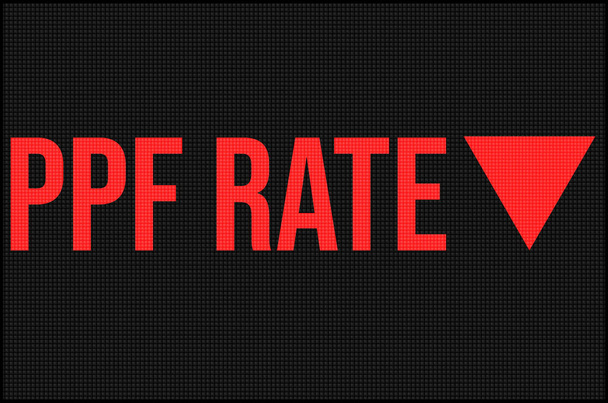 A Black LED Board with red LED lights showing the words PPF with downward arrow showing the movement of the rates and financial situation - Photo, Image