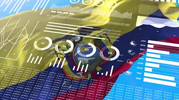 Ecuador Informationsanalyseberichte und Finanzdaten, Infografiken zeigen Animation mit Flagge, Spaltennummern und Tortengrafik-Diagramm. Finanzwissenschaftliche und medizinische Themen. - Filmmaterial, Video