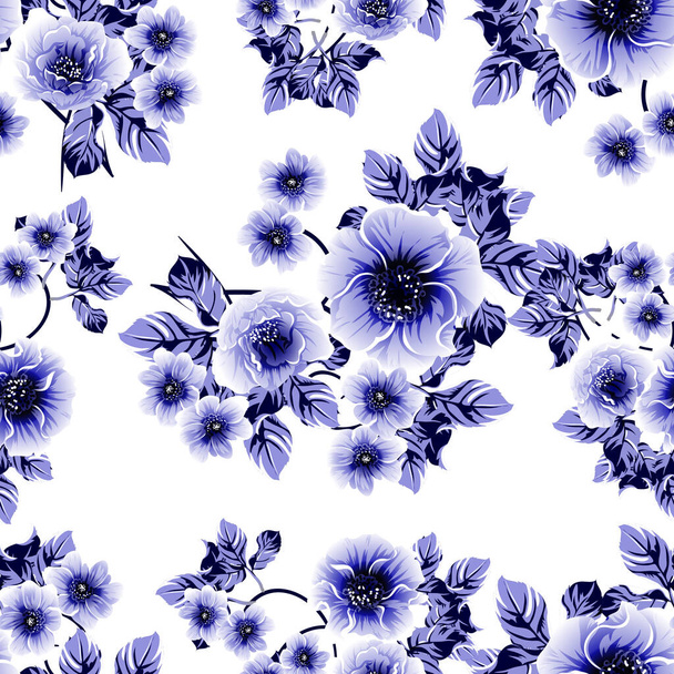 Seamless blue monochrome vintage style flowers pattern - Vektor, kép