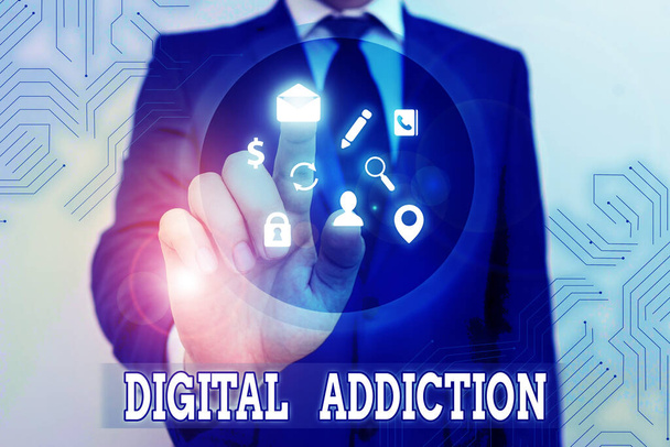 Käsitteellinen käsin kirjoittaminen osoittaa Digital Addiction. Business valokuva esittelee häiriö, johon liittyy pakkomielle käyttää mobiililaitteita
. - Valokuva, kuva