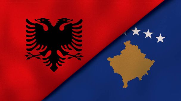 Дві держави прапори Албанії та Косово. Високоякісне ділове минуле. 3d ілюстрація - Фото, зображення