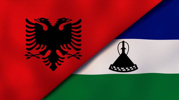 Державні прапори Албанії та Лесото. Високоякісне ділове минуле. 3d ілюстрація - Фото, зображення