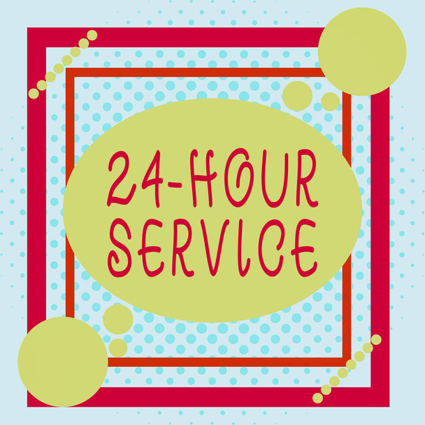 Word writing text 24 Hour Service. Business concept for service that is available any time and usually every day Asymmetrical uneven shaped format pattern object outline multicolour design. - Photo, Image