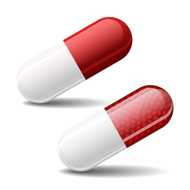 Two different pills capsule on white background. Vector. - Vektör, Görsel