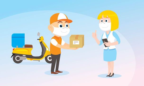Delivery man ride bike get order. A woman holding mobile open app. Wear protective mask. protect corona virus. Social, Physical distancing. fast delivery, shipping. vector illustration isolated  - Vector, Image