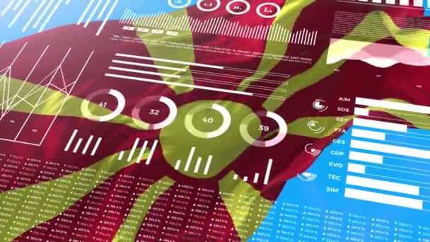 Mazedonien Informationsanalyseberichte und Finanzdaten, Infografiken zeigen Animationen mit Flagge, Spaltennummern und Tortengrafik. Finanzwissenschaftliche und medizinische Themen. - Filmmaterial, Video