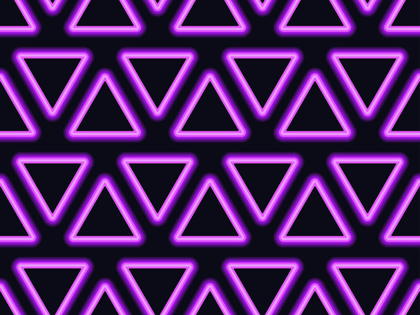 Naadloos patroon met neon driehoeken, lineaire kunst. Violet fel neon licht in 80s stijl. Vectorillustratie - Vector, afbeelding