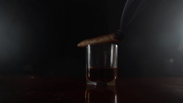 Palenie kubańskiego cygara na szklance whisky. - Materiał filmowy, wideo
