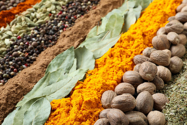 Set of different spices as background, closeup - Φωτογραφία, εικόνα