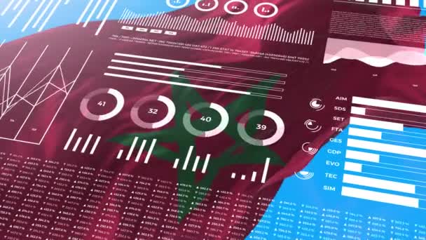 Marokko Informationsanalyseberichte und Finanzdaten, Infografiken zeigen Animationen mit Flagge, Spaltennummern und Tortengrafik. Finanzwissenschaftliche und medizinische Themen. - Filmmaterial, Video