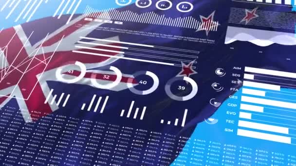 Yeni Zeland bilgilendirme analizi raporları ve finansal veriler, bilgi grafikleri bayrak, sütun numaraları ve pasta grafikleriyle animasyon gösteriyor. Mali bilimsel ve tıbbi konular. - Video, Çekim