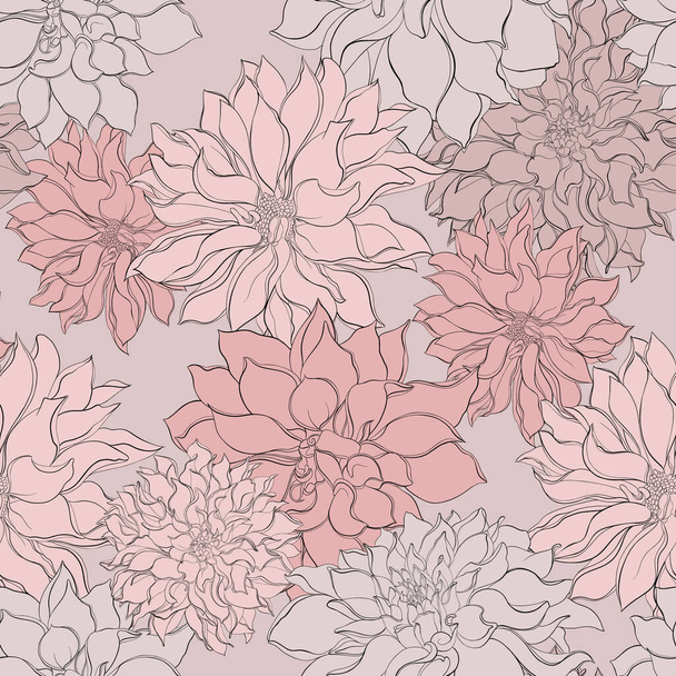 Vintage Floral seamless background with blooming dahlias. Vector floral illustration on black background - Vector, afbeelding
