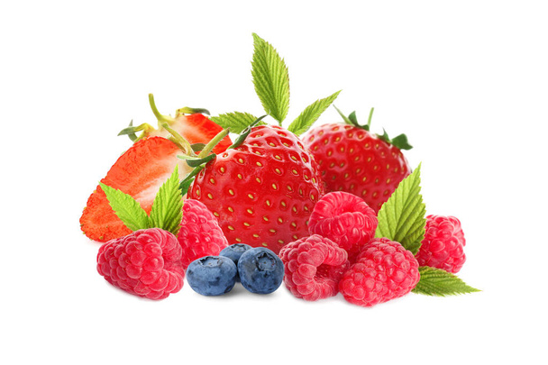 Different ripe tasty berries on white background - Fotoğraf, Görsel