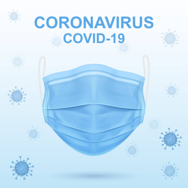 Virus and blue medical mask. Covid-19 concept. Coronavirus protection. Vector EPS 10 - Wektor, obraz