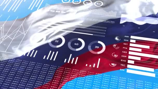 Rusya 'nın bilgilendirici analiz raporları ve mali verileri, bilgi grafikleri bayrak, sütun numaraları ve pasta grafikleriyle animasyon gösteriyor. Mali bilimsel ve tıbbi konular. - Video, Çekim