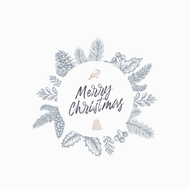 Merry Christmas Abstract Greeting Card with Round Banner Frame and Lettering. Pastel Colors Sketch Drawing Layout. - Vector, Image