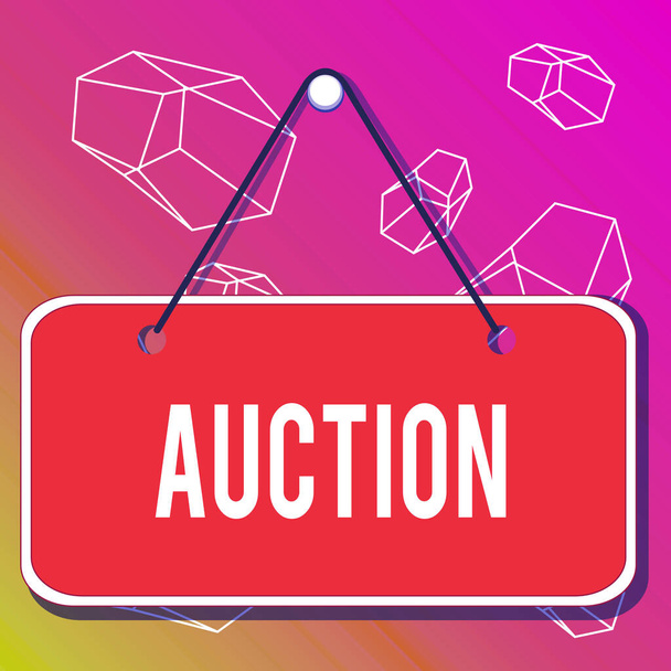 Word writing text Auction. Business concept for Public sale Goods or Property sold to highest bidder Purchase Colored memo reminder empty board blank space attach background rectangle. - Photo, Image