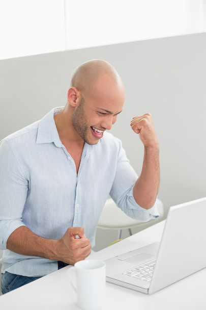 Cheerful casual man using laptop at home - Photo, Image