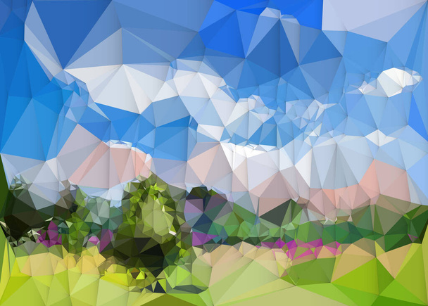 イラスト青い空に木や雲と風景の抽象的なイメージ。ベクトルモダンなグラフィックデザイン、幾何学的な多角形パターン、背景のためのカラフルな多角形の形状.  - ベクター画像