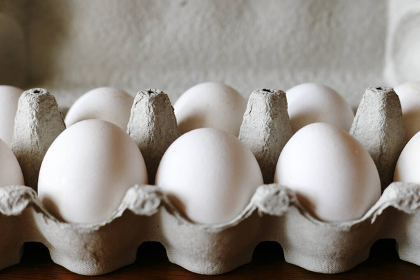 white chicken eggs in a tray - Fotoğraf, Görsel