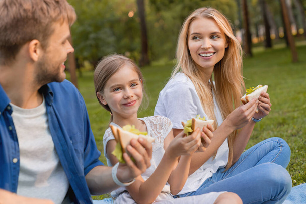 Side view shot of happy family with their daughter enjoying snacks outdoors in a park. - Foto, immagini