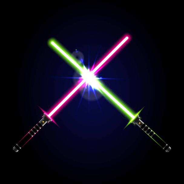 Two crossed light swords on night sky background. Vector illustration. - Vector, afbeelding