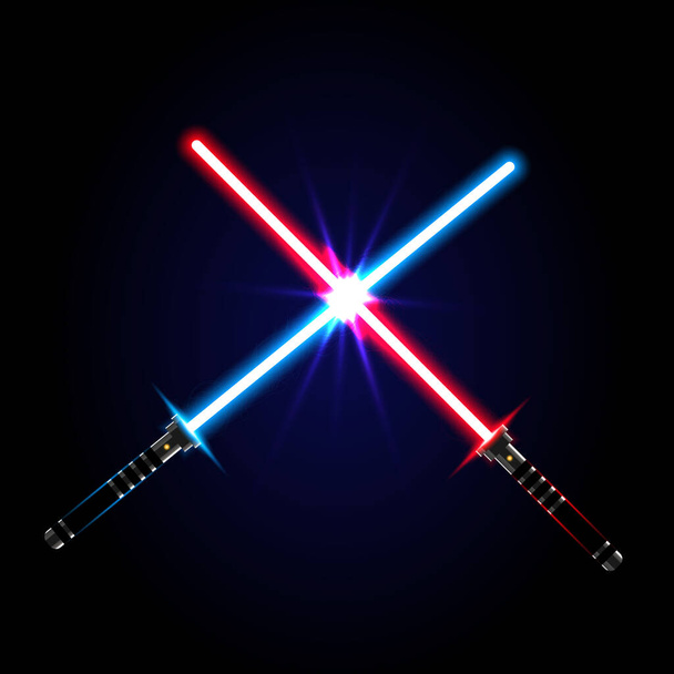 Two crossed light swords on night sky background. Vector illustration. - Vector, Imagen