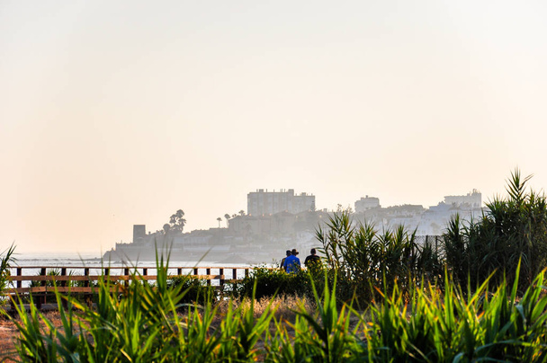 Várias pessoas caminham ao longo de um caminho entre as plantas ao longo da costa em um fundo turvo de uma cidade costeira
 - Foto, Imagem