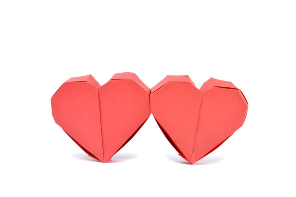 Two red origami paper heart isolated on white - Φωτογραφία, εικόνα