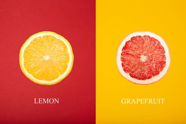 Kreatives Layout aus Zitrusfrüchten, Zitrone und Grapefruit. Fruchtkonzept, Makro - Foto, Bild