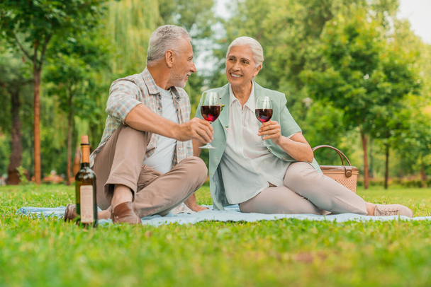 Portrait of beautiful senior couple sitting on blanket outdoor drinking wine and enjoying time together - Фото, зображення