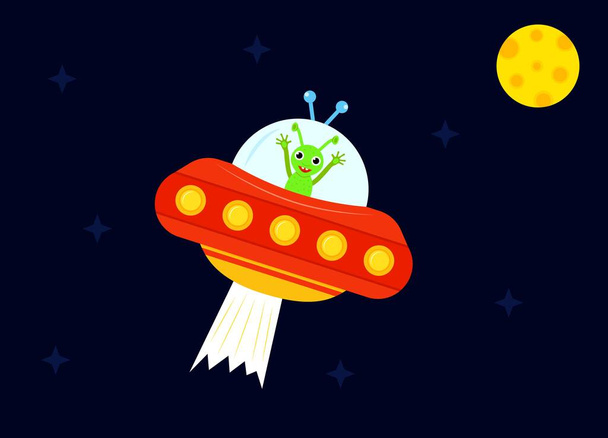 Fun green alien with spaceship n night sky, yellow moon, stars - Vektor, obrázek
