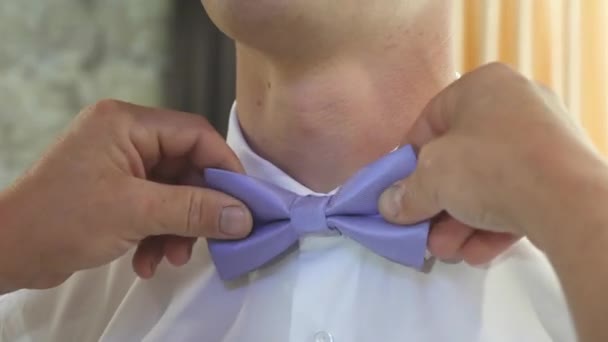 男のハンドルのクローズアップは、青い弓のネクタイを修正します。男は白いシャツに蝶ネクタイをしている。パーティーのために服を着てる。スタイリッシュな紳士だ。おしゃれなビジネスマンだ。ファッションとスタイルのコンセプト - 映像、動画