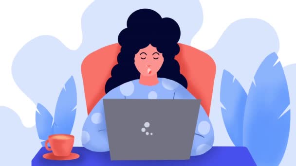 Evde çalışıyor, uykulu kadınlar dizüstü bilgisayarda oturuyor, pijama, corona ya da covid-19 virüs koruma konsepti giyiyor, virüs salgınının üstesinden geliyor, beyaz arka planda virüs koruma konseptini aşıyor,  - Video, Çekim