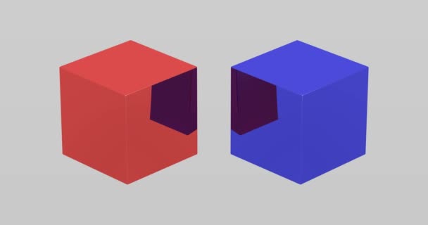 Os cubos tridimensionais vermelho e azul brilhante giram sobre fundo de cor cinza. cubos 3d com animação de reflexão. Fechar de dois blocos
. - Filmagem, Vídeo